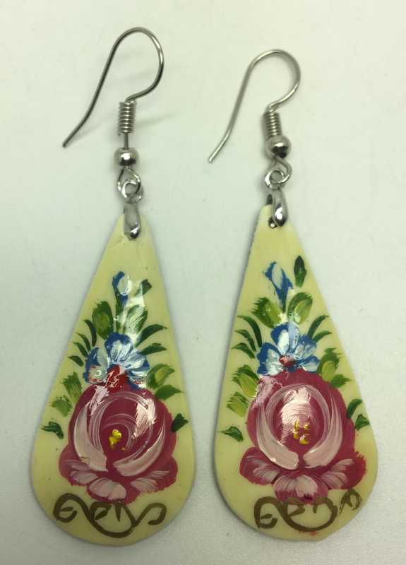Zhostovo White Teardrop Shaped hand painted papier-mache Earrings (by Lada Workshop)
