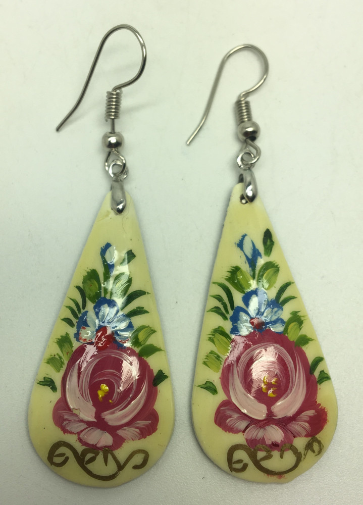 Zhostovo White Teardrop Shaped hand painted papier-mache Earrings (by Lada Workshop)