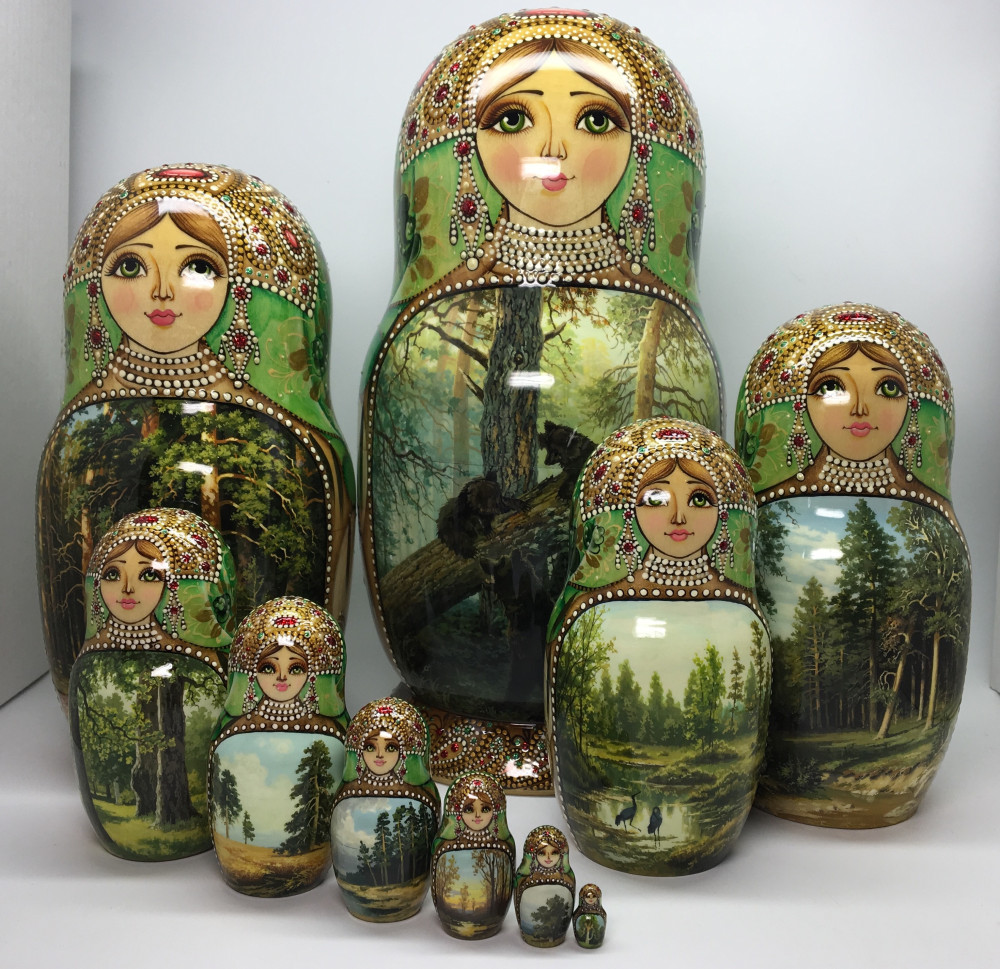290 mm Morning in the Wood and other Shishkin famous pictures hand painted on Wooden Matryoshka doll 10 pcs green (by Natalia crafts)