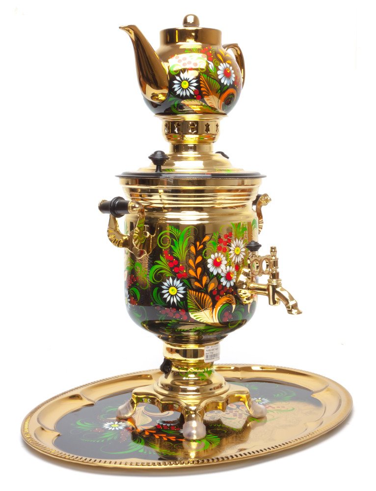 Camomiles Hand Painted Electric Samovar Kettle with Teapot and Tray