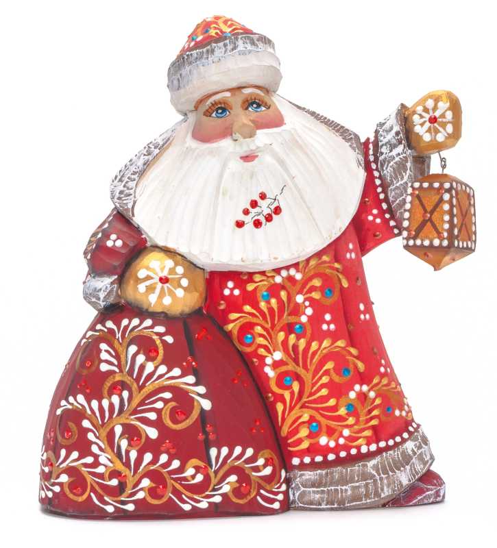 150 mm Santa with a Bag and a Lamp Carved Wood Hand Painted Collectible Figurine (by Natalia Nikitina Workshop)