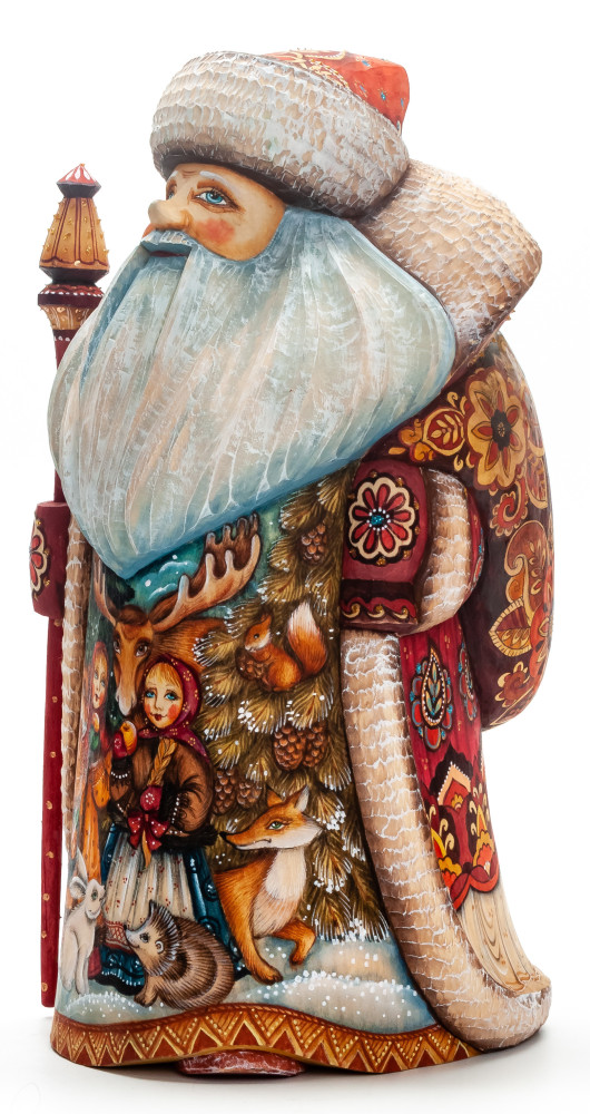 250 mm Santa with a Lamp and a Magic Staff with handpainted Children in the Woods Wooden Carved Statue (by Sergey Christmas Workshop)