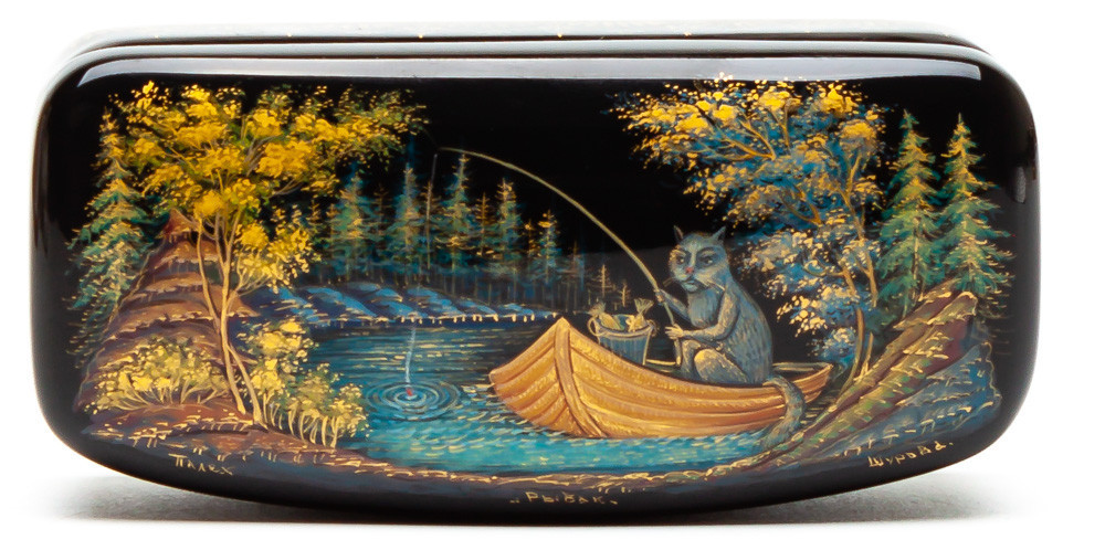 80x40mm The Fisherman hand painted lacquered box from Palekh (by Pavel Studio)