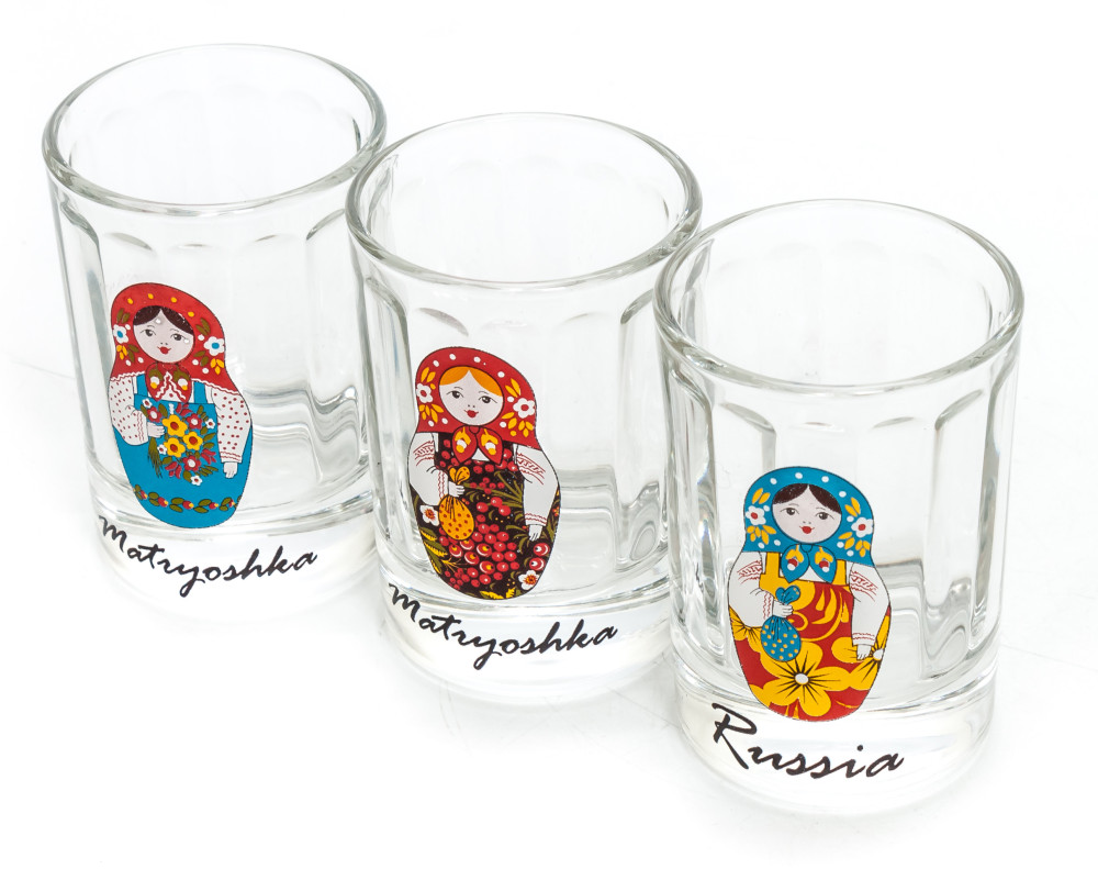 50 ml Russian Matryoshka Decal Faceted Shot Glass set of 3 pcs (by AKM Gifts)