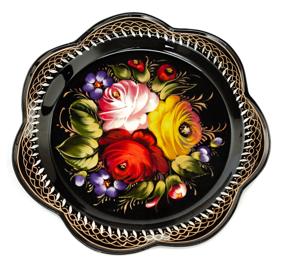 d 220 mm Zhostovo Patterns hand painted and lacquered Metal Forged Black Tray (by Lada Crafts)