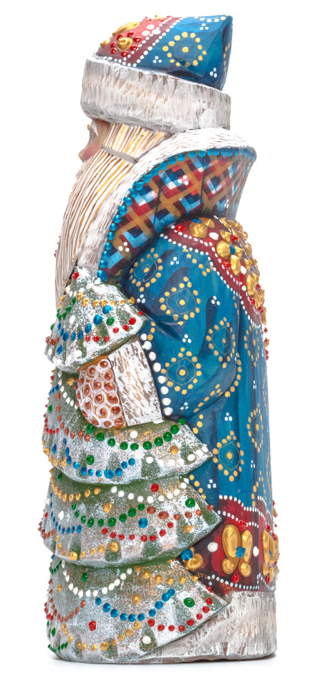 240 mm Santa with a Magic Staff and a Green Christmas Tree Carved Wood Hand Painted Collectible Figurine (by Natalia Nikitina Workshop)