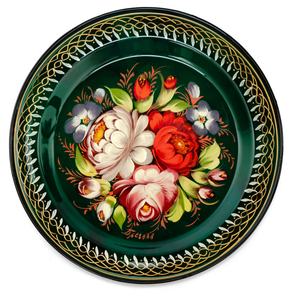  d 180 mm Zhostovo Patterns hand painted and lacquered by Blagova Metal Forged Green Tray (by Lada Crafts)