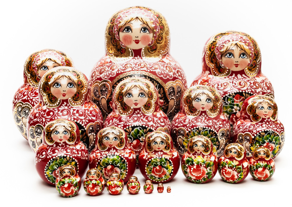 190 mm Red Russian Patterns hand painted Wooden Matryoshka 20 pcs (by Elena Kudryashova)