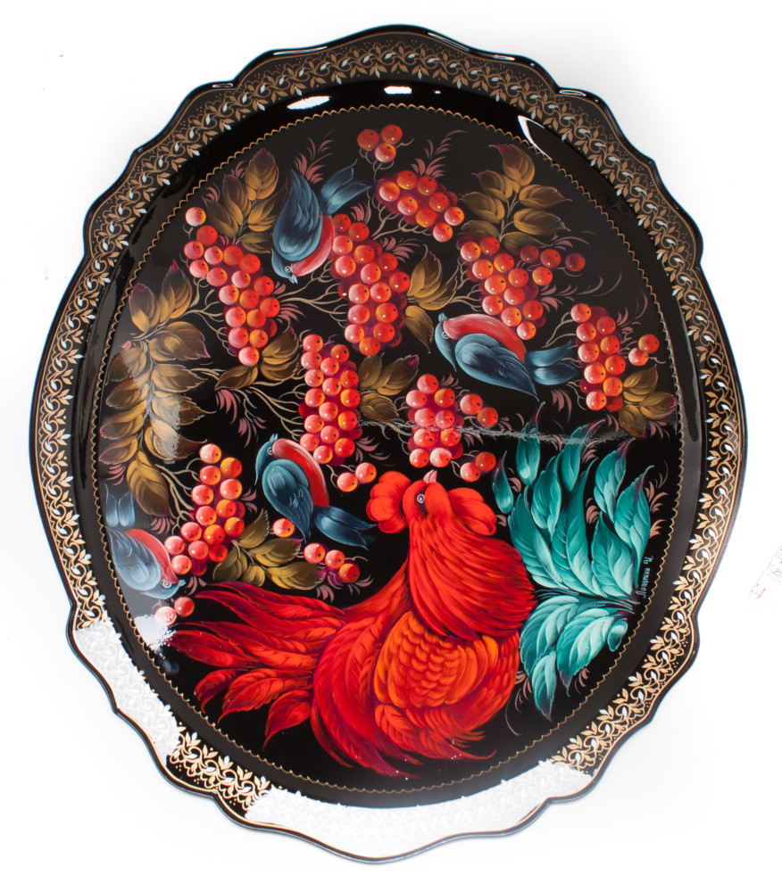 480x600 mm Zhostovo Patterns hand painted and lacquered by Lopatina Metal Forged Tray (by Lada Crafts)