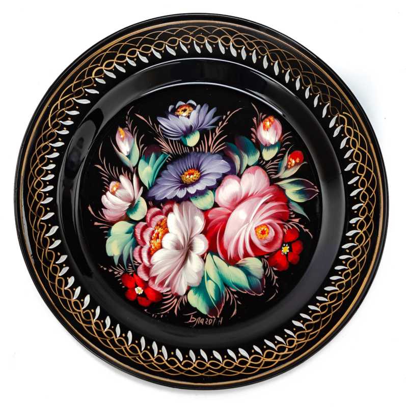  d 180 mm Zhostovo Patterns hand painted and lacquered by Blagova Metal Forged Black Tray (by Lada Crafts)