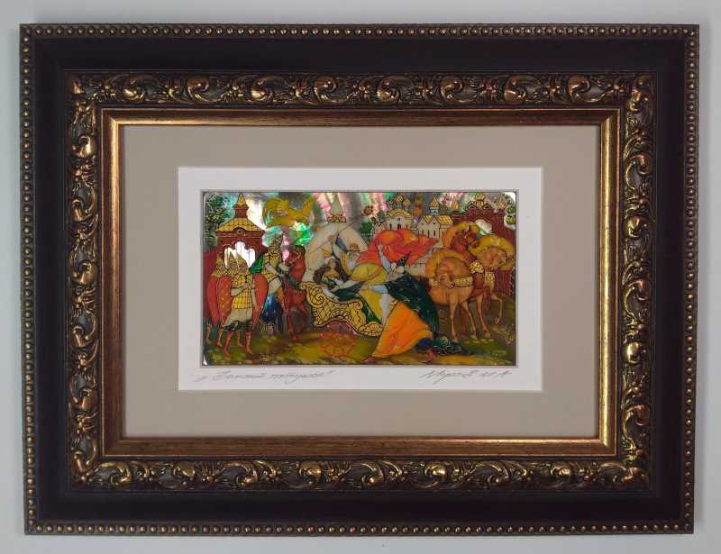285x220 mm Golden Cockerel hand painted on Nacre Fedoscino painting (by Tatiana Fedoscino Arts)