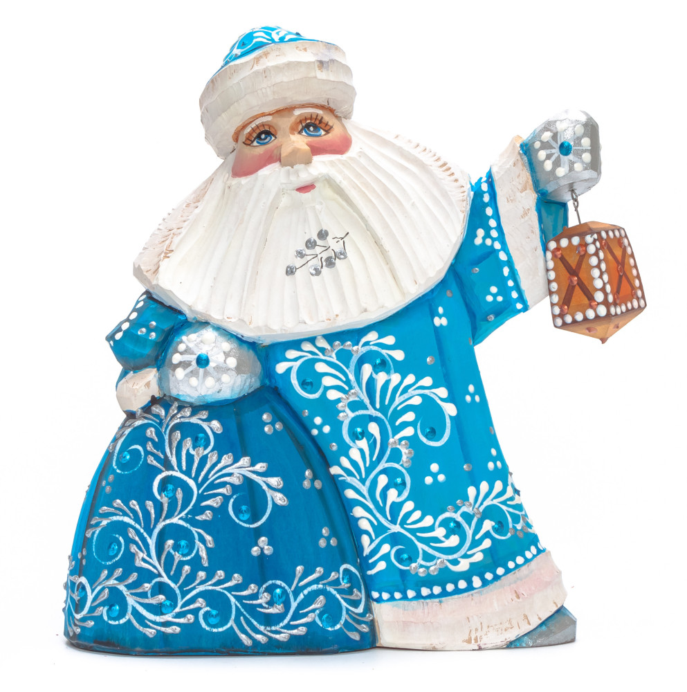 150 mm Santa with a Bag and a Lamp Carved Wood Hand Painted Collectible Figurine (by Natalia Nikitina Workshop)