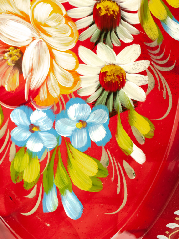 165x255 mm Zhostovo Patterns hand painted and lacquered Metal Forged Red Tray (by Lada Crafts)
