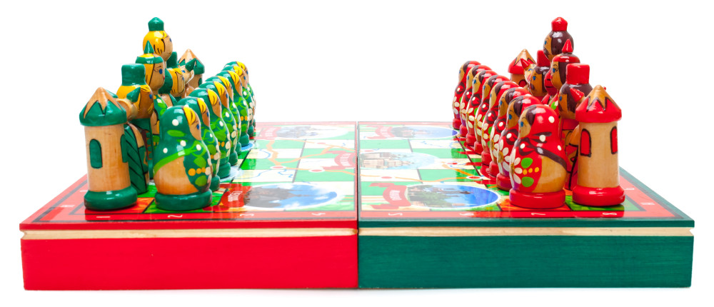 Wooden Chess Board with Golden Ring of Russia Hand Painted Chess Pieces
