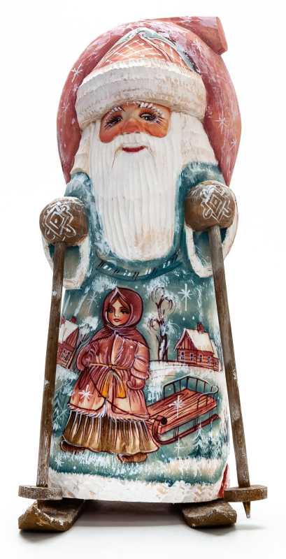 190 mm Skiing Santa with a Bag with hand painted Girl with Sleighs Wooden Carved Statue (by Igor Carved Wooden Figures Studio)