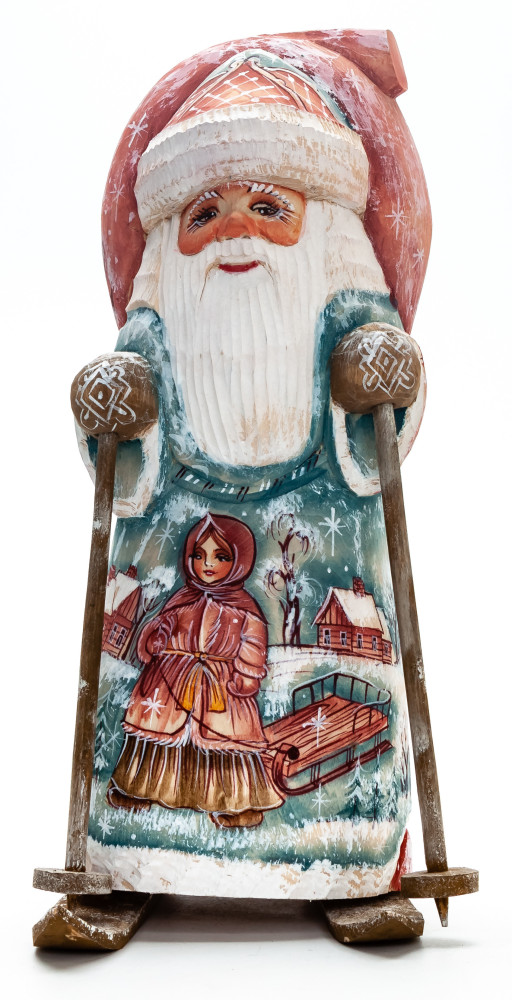 190 mm Skiing Santa with a Bag with hand painted Girl with Sleighs Wooden Carved Statue (by Igor Carved Wooden Figures Studio)