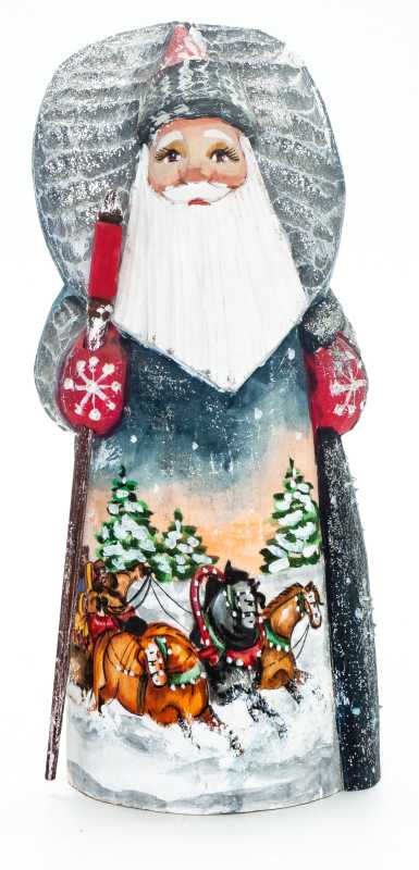 190 mm Santa Claus with a Bag and a Magic Staff with handpainted Troika Wooden Carved Statue (by Igor Carved Wooden Figures Studio)