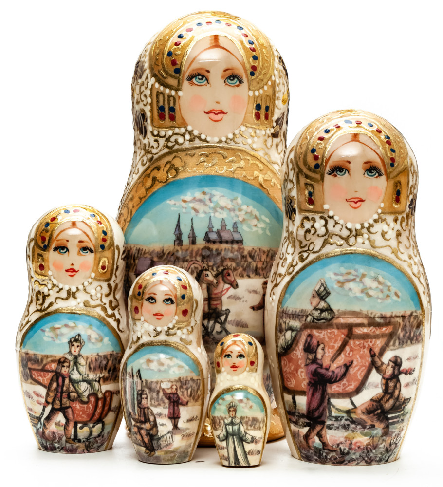180 mm Russian Winter hand painted on Wooden Matryoshka doll 5 pcs (by Golden Cockerel Studio)