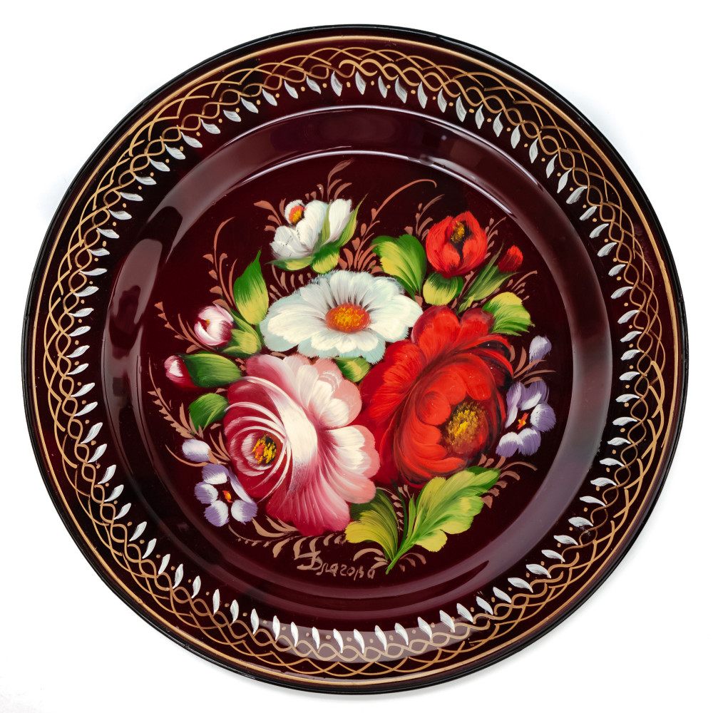  d 180 mm Zhostovo Patterns hand painted and lacquered by Blagova Metal Forged Carmine Tray (by Lada Crafts)