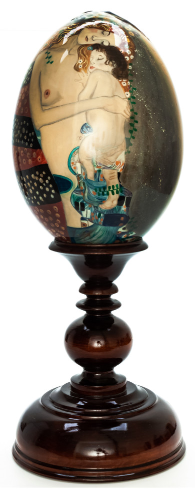  400 mm The Kiss by Klimt hand painted on red colored wooden Egg with standby (by Tatiana Crafts)