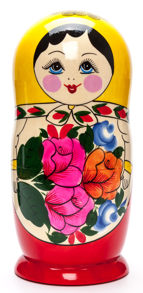 230 mm Yellow Head Semenovskaya handpainted wooden Matryoshka Doll 9 pcs (by Ivan Studio)