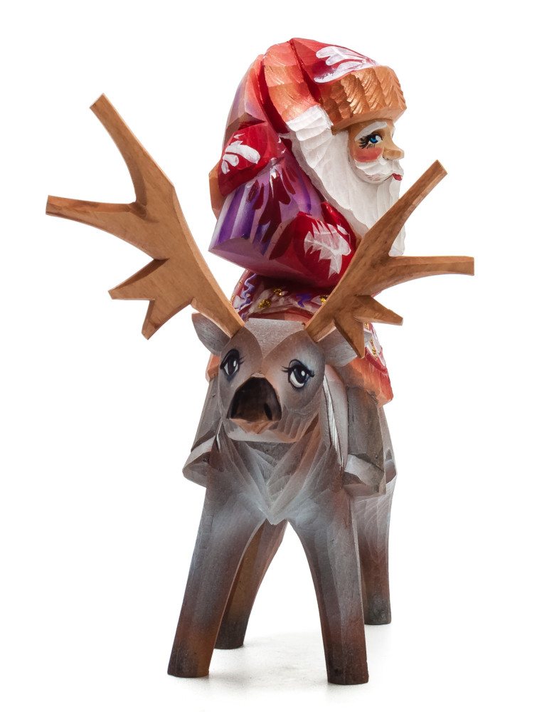 180 mm Santa with a Bag riding a Deer Carved Wood Hand Painted Collectible Figurine (by Igor Carved Wooden Figures Studio)