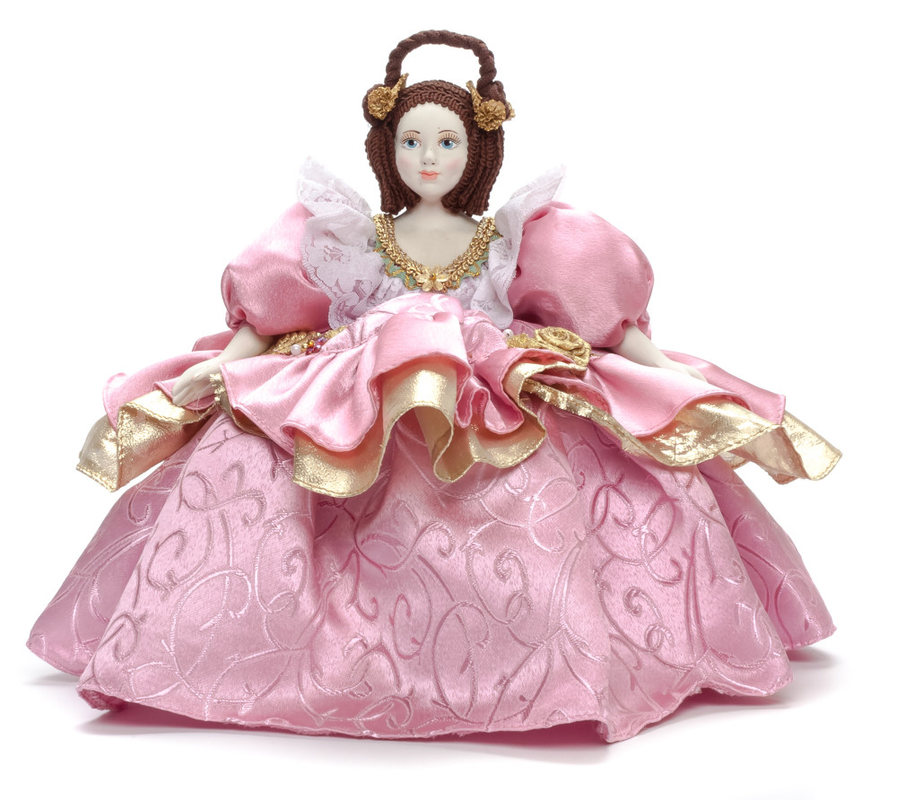 Young Lady in a Pink Dress Kettle Porcelain Doll Warmer - 15 Inches