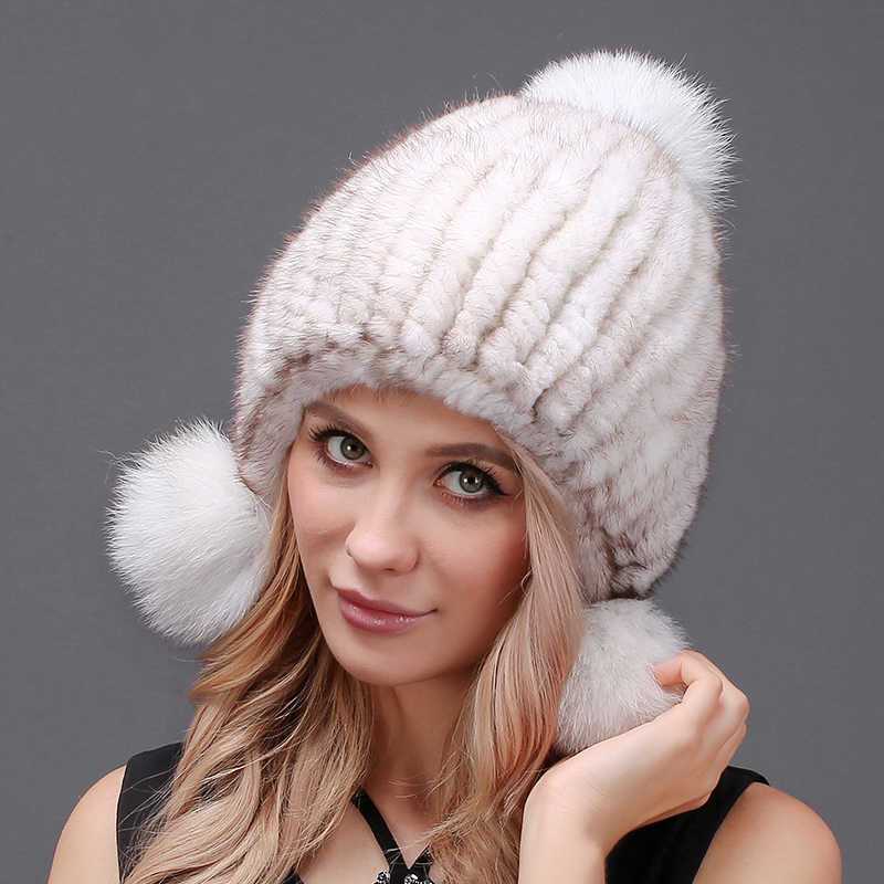 Cross Knitted Mink Fur Hat with 3 pompons