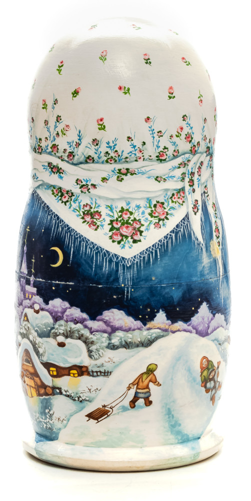 180 mm Kids playing in the Snow hand painted on wooden Matryoshka doll 5pcs (by Alexander Famous Paintings Studio)