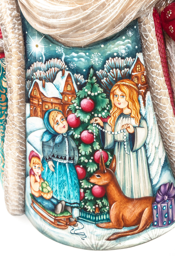 220 mm Santa with a Magic Staff and a Bag with hand painted Angel giving a Gift to the Kids Carved Wood Collectible Figurine (by Sergey Christmas Workshop)