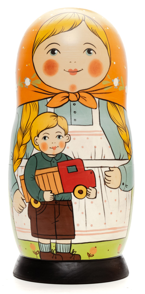 220 mm Mother with Son with Toy Truck hand painted Traditional Russian Wooden Matryoshka doll 7 pcs (by Igor Malyutin)