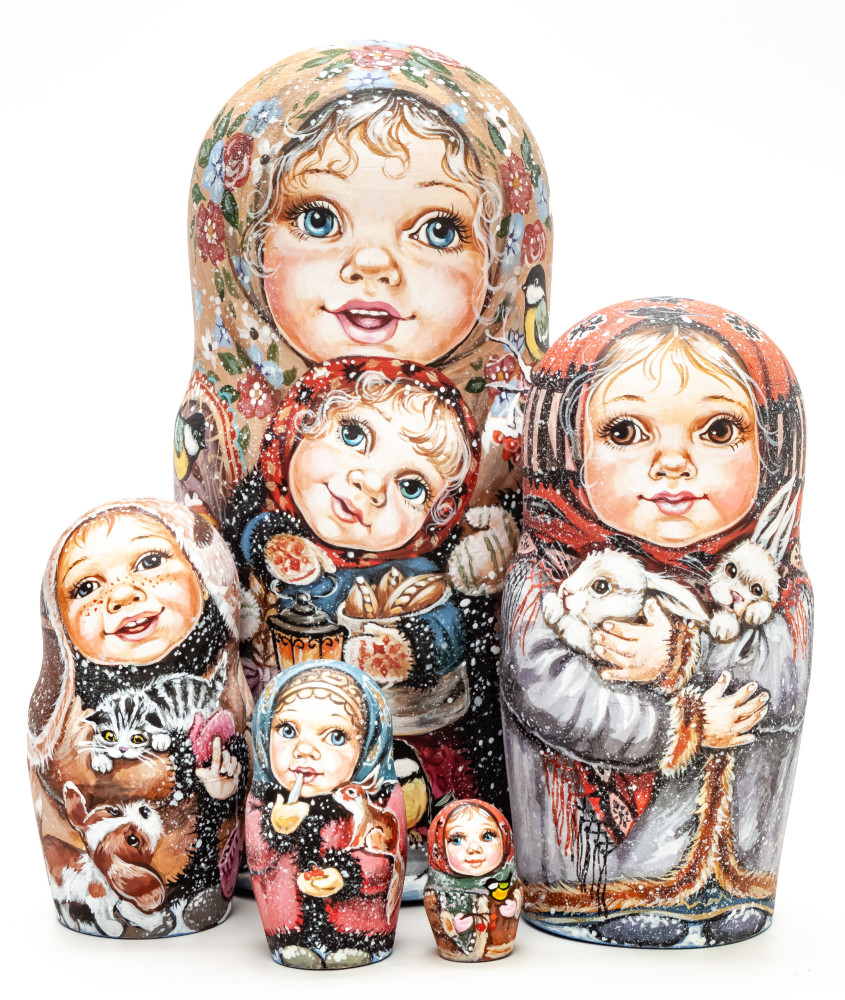 170 mm Girls and boys playing outside before Christmas miniature hand painted wooden Matryoshka doll 7 pcs (by Nadezda Karpova Studio)