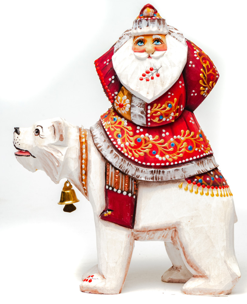 190 mm Santa Claus rides Polar Bear hand carved and painted wooden figure with a Green Tree and Bag of Gifts (by Natalia Workshop)