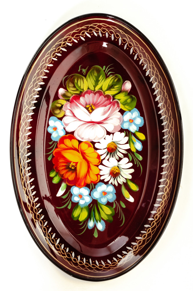 165x255 mm Zhostovo Patterns hand painted and lacquered Metal Forged Carmine Tray (by Lada Crafts)