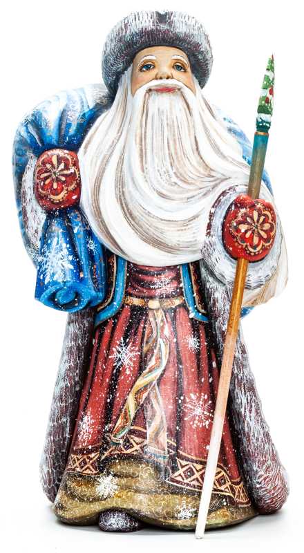 250 mm Santa with a Magic Staff and a Bag Carved Wood Hand Painted Collectible Figurine  (by Natalia Crafts)