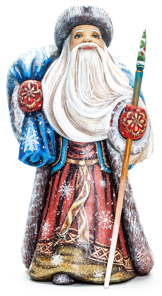 250 mm Santa with a Magic Staff and a Bag Carved Wood Hand Painted Collectible Figurine  (by Natalia Crafts)