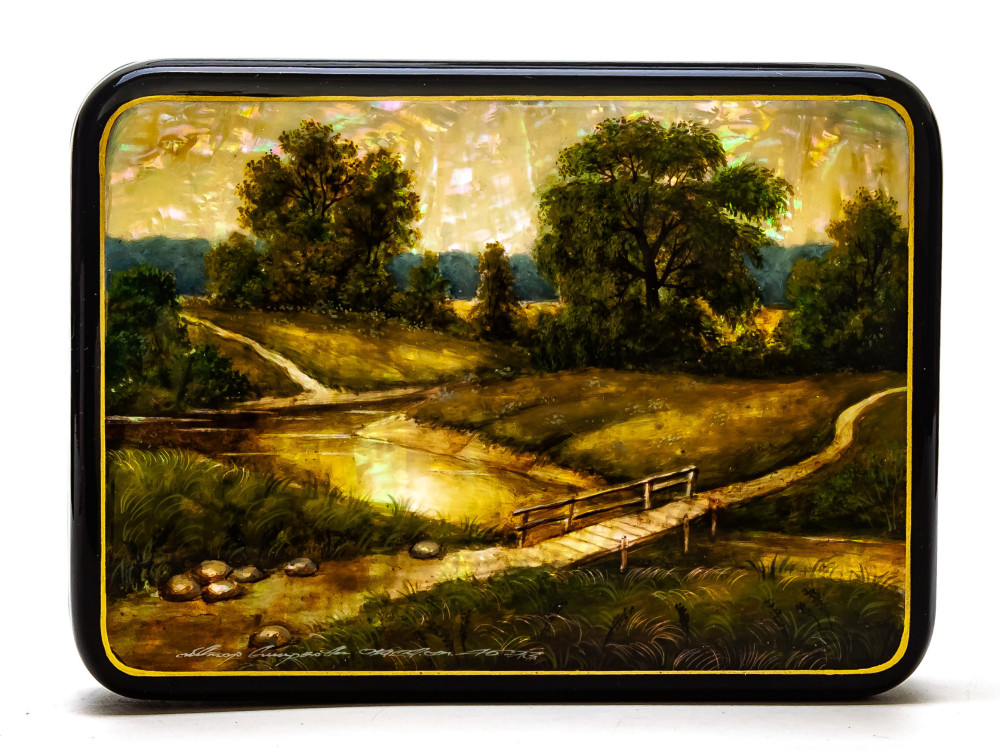 150x110mm Summer Landscape and Old Bridge hand painted on pearl shell lacquered box from Fedoscino (by Tatiana Crafts)