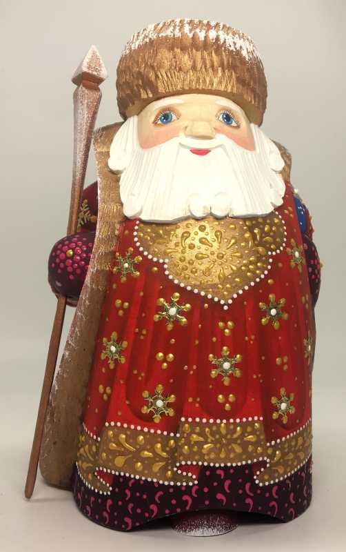 170 mm Santa Claus with a Blue Bag of Christmas Gifts on his shoulder and with a Magic Staff Carved wooden figure, hand-painted (by Igor Wood Carving Figures Studio)