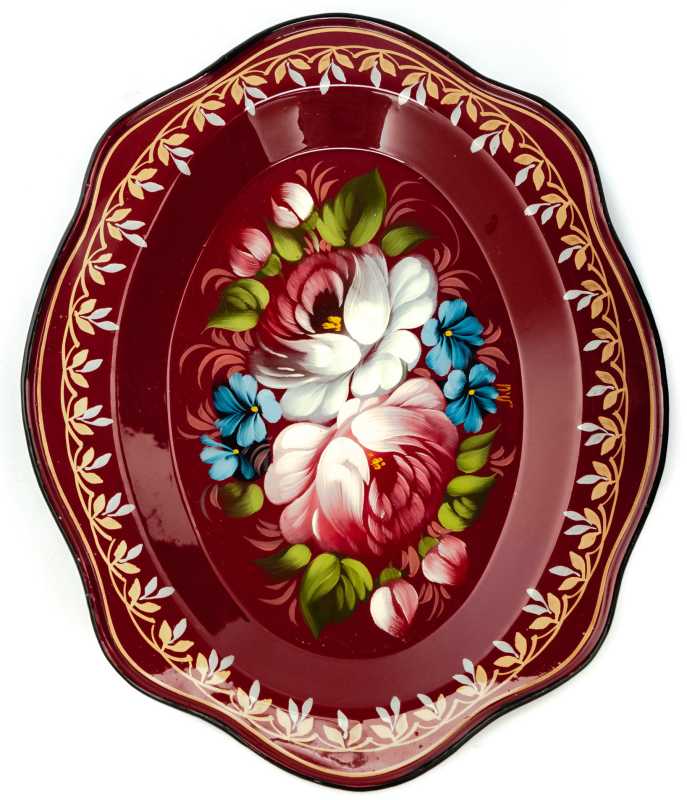 180x220 mm Zhostovo Patterns hand painted and lacquered Metal Forged Carmine Tray (by Lada Crafts)