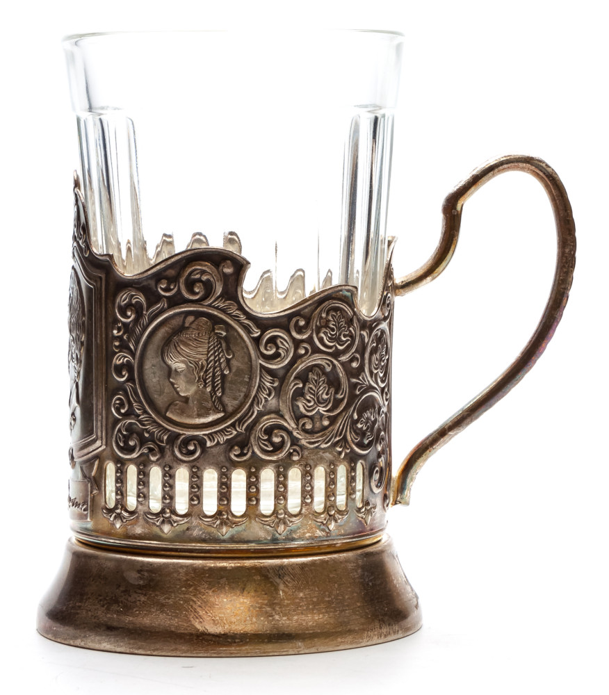 Pushkin Silver Plated Brass Tea Glass Holder with Faceted Glass (by Kolchugino)