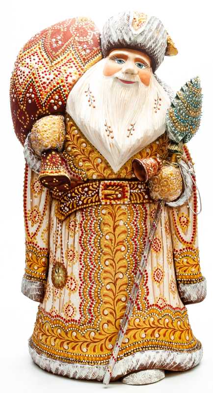 340 mm Santa Claus with a Magic Staff and a Bag handpainted Wooden Carved Statue (by Natalia Nikitina Workshop)