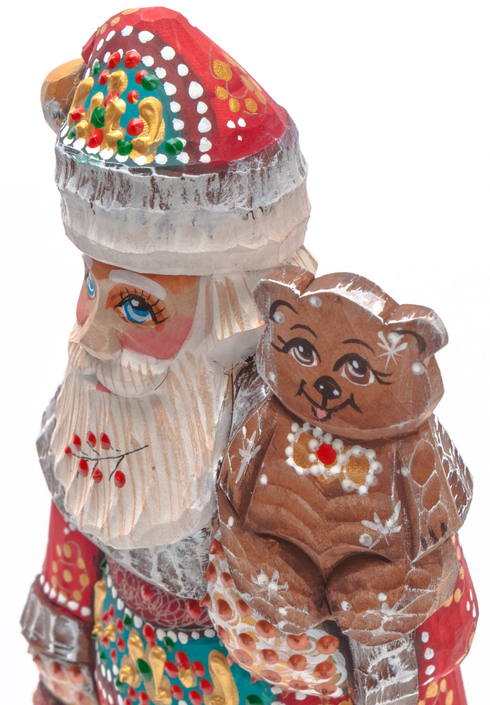 180 mm Santa with a Bag and a Bear Carved Wood Hand Painted Collectible Figurine (by Natalia Nikitina Workshop)