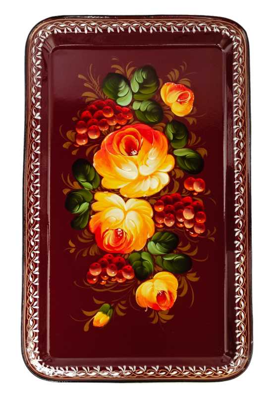 235x395 mm Zhostovo Patterns hand painted and lacquered Metal Forged Carmine Tray (by Lada Crafts)