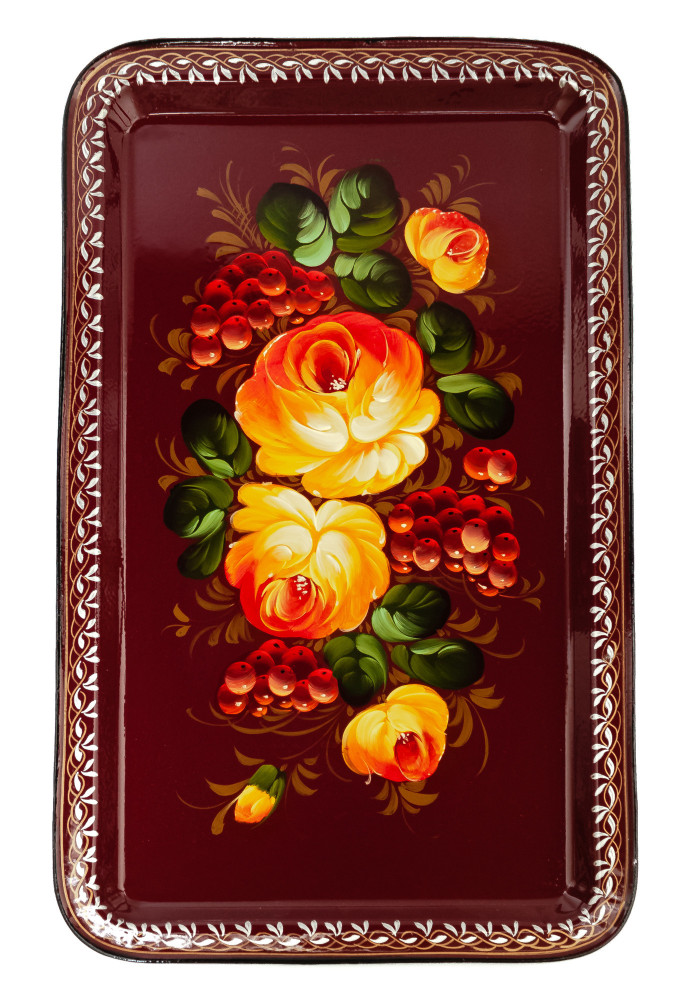 235x395 mm Zhostovo Patterns hand painted and lacquered Metal Forged Carmine Tray (by Lada Crafts)