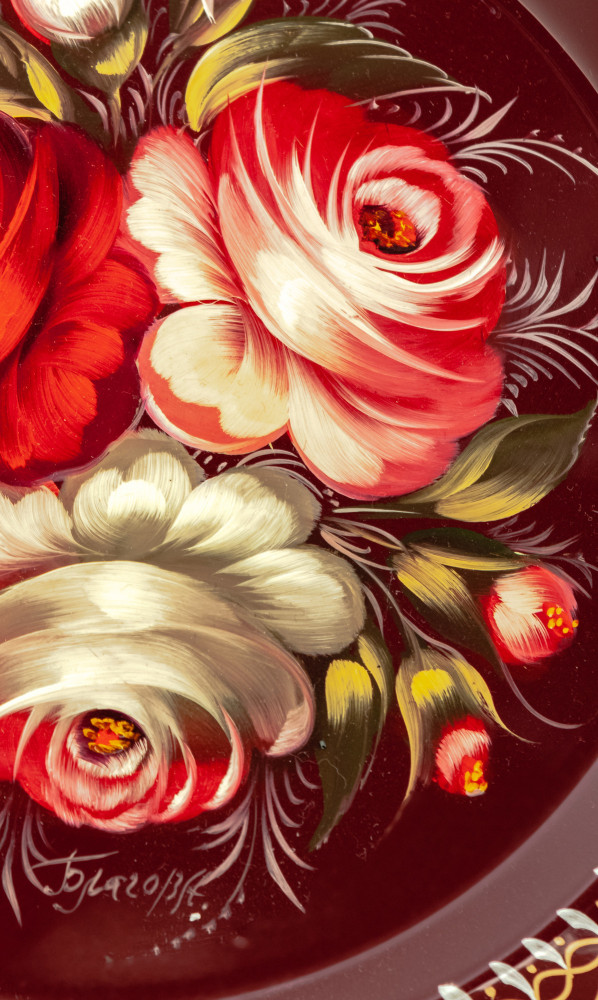 d 220 mm Zhostovo Patterns hand painted and lacquered by Blagova Metal Forged Carmine Tray (by Lada Crafts)