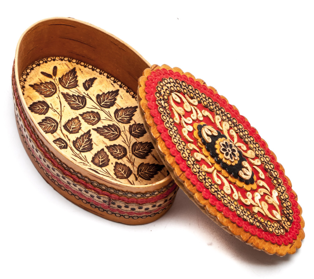 70x110 mm Siberian Patterns hand made Birchbark Jewelry Box (by Maxim Birch)