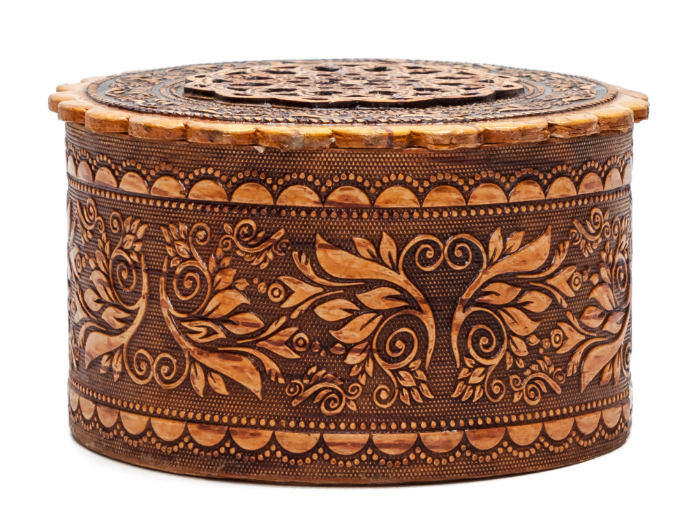d 65 mm Siberian Patterns hand made Birchbark Jewelry Box (by Maxim Birch)