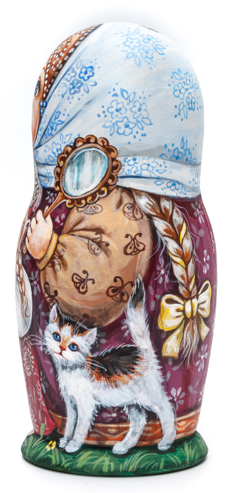 170 mm Girls playing with Kittens miniature hand painted wooden Matryoshka doll 5 pcs (by Nadezda Karpova Studio)