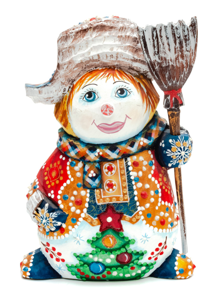 140 mm Snowman with a Broom on wooden Figurine (by Natalia Nikitina Workshop)