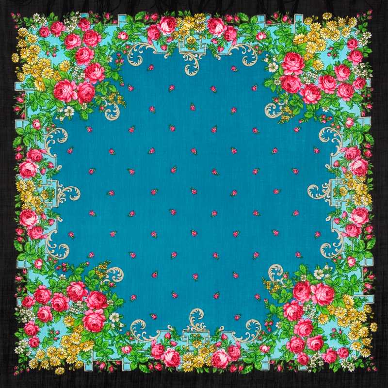 89x89 cm Sunny Summer Woolen Shawl with Woolen Fringe Pavlovo Posad Manufactory